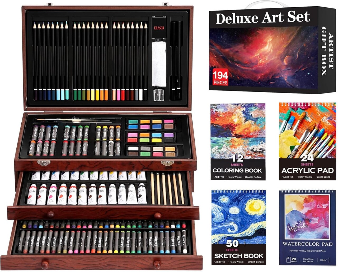 The 194-piece Deluxe Art Set includes 4 drawing pads, acrylic paints, crayons, and colored pencils. Set in Wooden Case, Art Kit Gift Box for Children, Teens, Adults, Artists, Beginners